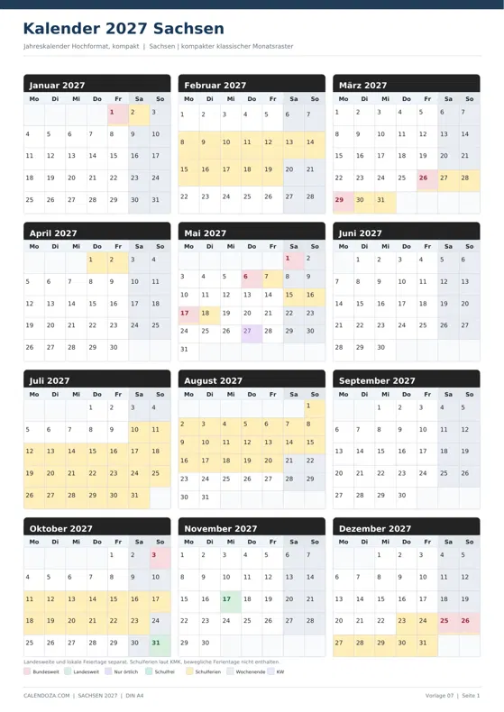 Kalender 2027 Sachsen: Jahreskalender Hochformat kompakt