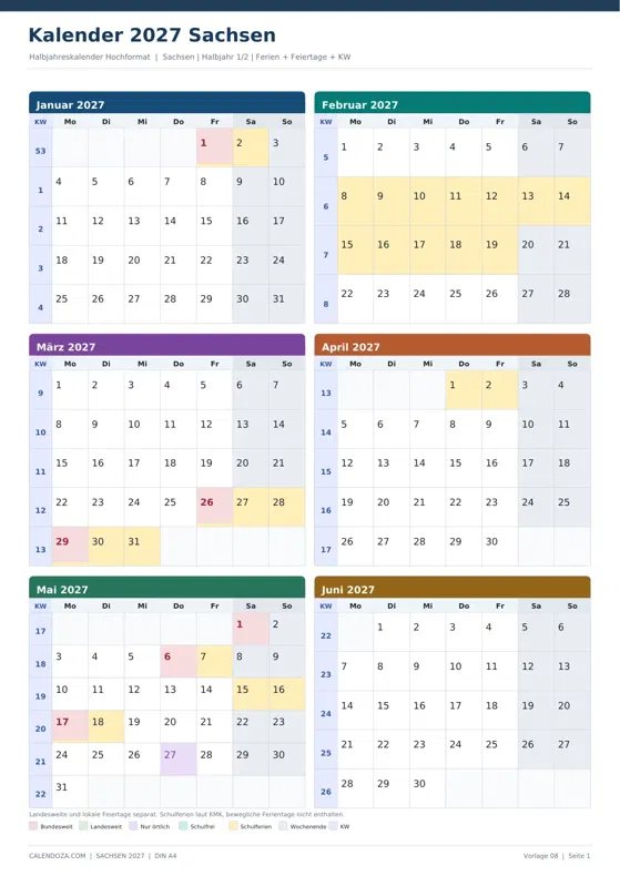 Kalender 2027 Sachsen: Halbjahreskalender Hochformat