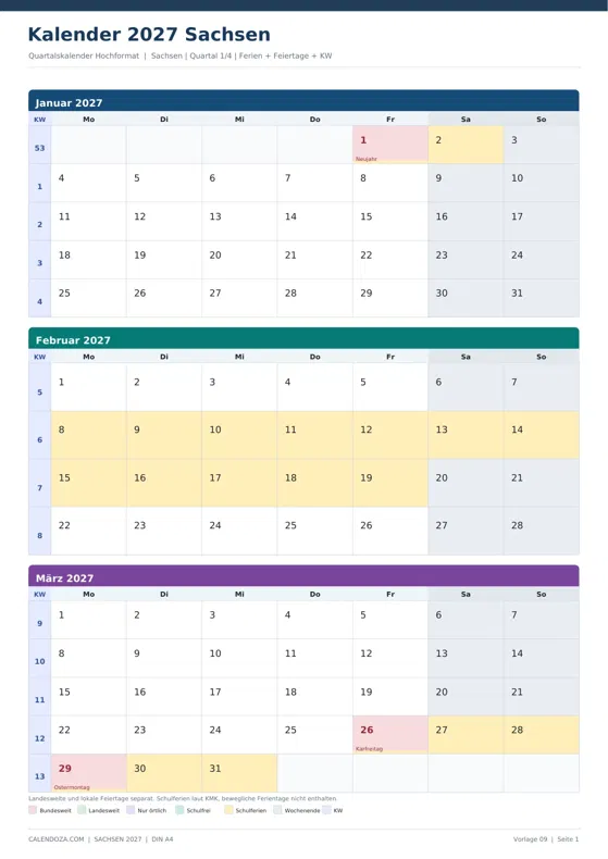 Kalender 2027 Sachsen: Quartalskalender Hochformat