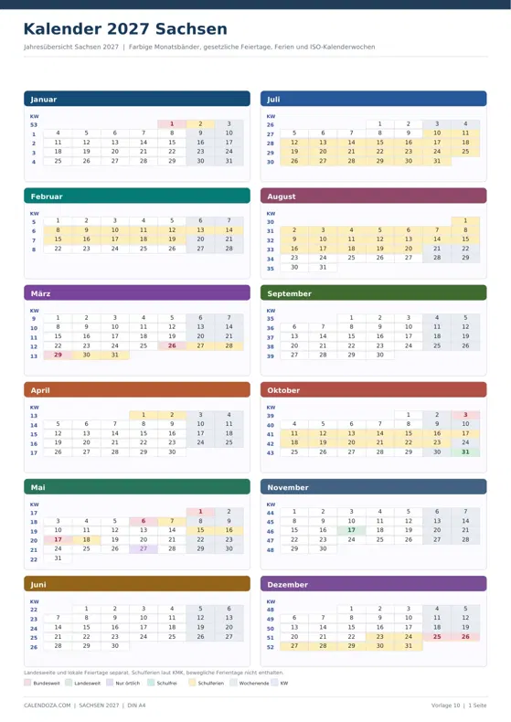 Kalender 2027 Sachsen: Farbige Jahresübersicht Hochformat