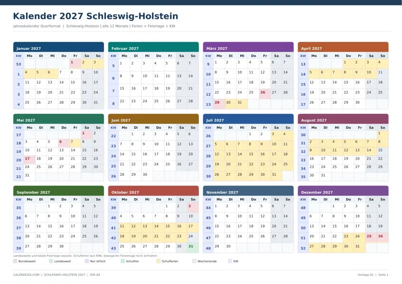Kalender 2027 Schleswig-Holstein: Jahreskalender Querformat