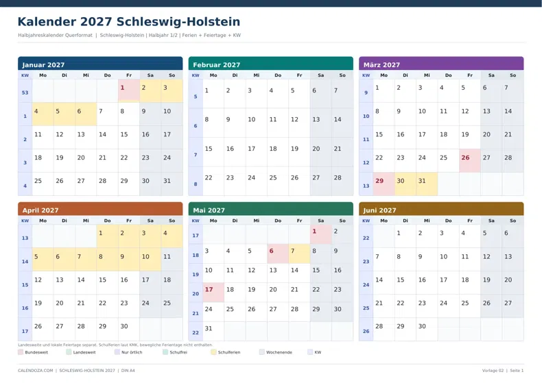 Kalender 2027 Schleswig-Holstein: Halbjahreskalender Querformat