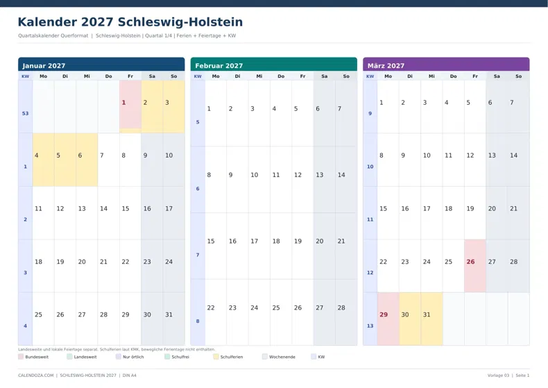 Kalender 2027 Schleswig-Holstein: Quartalskalender Querformat