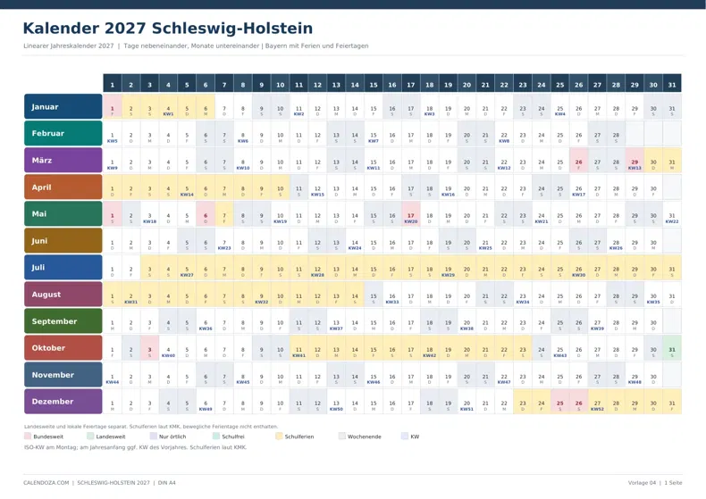 Kalender 2027 Schleswig-Holstein: Linearer Jahreskalender