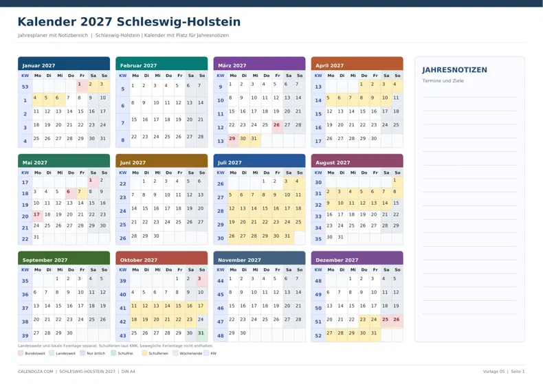 Kalender 2027 Schleswig-Holstein: Jahresplaner mit Notizen