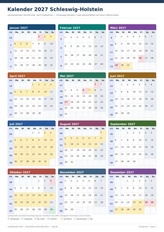 Kalender 2027 Schleswig-Holstein: Jahreskalender Hochformat