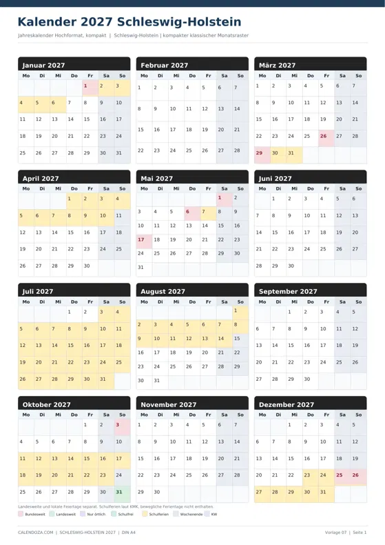 Kalender 2027 Schleswig-Holstein: Jahreskalender Hochformat kompakt