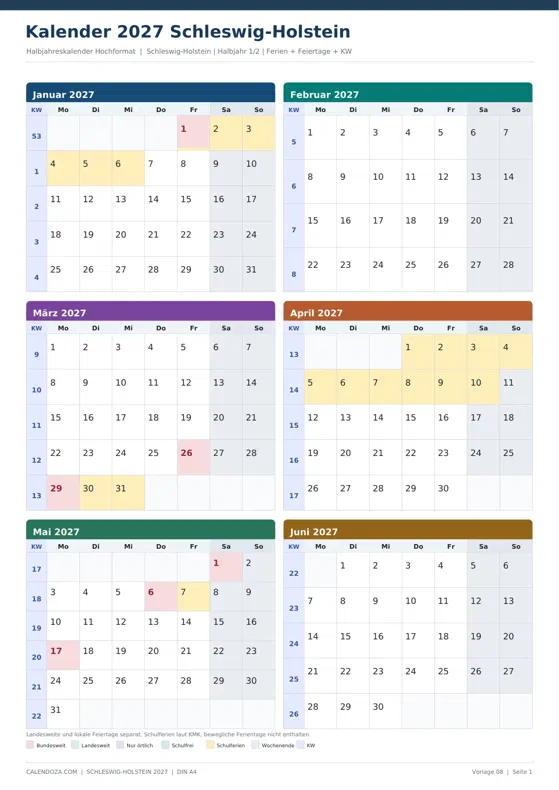 Kalender 2027 Schleswig-Holstein: Halbjahreskalender Hochformat