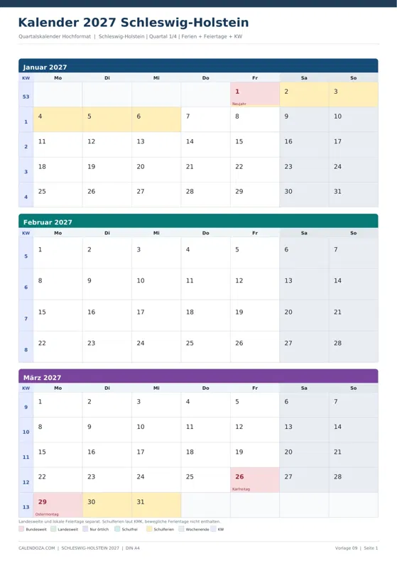 Kalender 2027 Schleswig-Holstein: Quartalskalender Hochformat