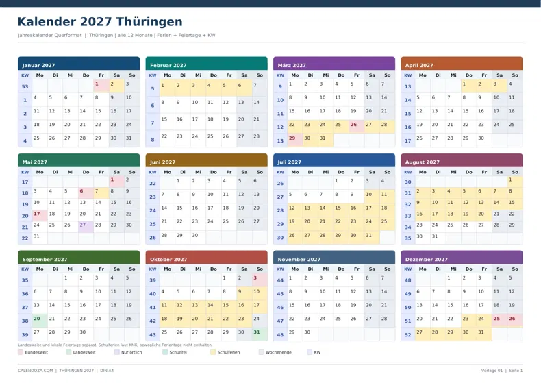 Kalender 2027 Thüringen: Jahreskalender Querformat
