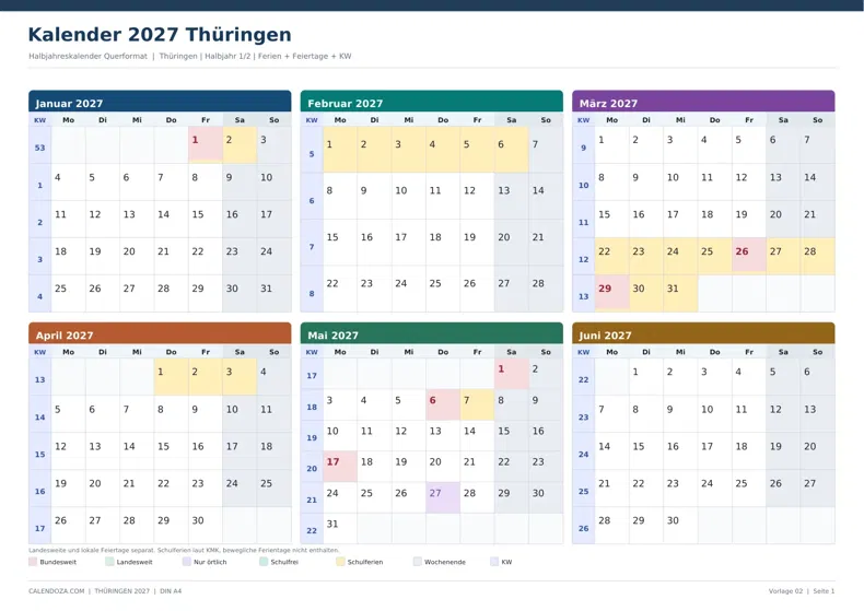 Kalender 2027 Thüringen: Halbjahreskalender Querformat