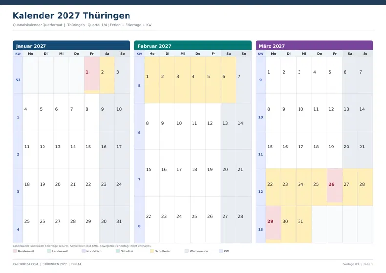 Kalender 2027 Thüringen: Quartalskalender Querformat