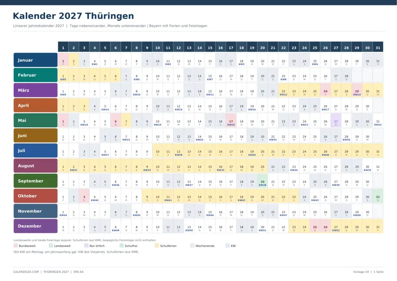 Kalender 2027 Thüringen: Linearer Jahreskalender