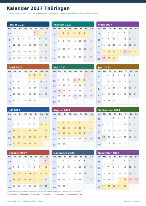 Kalender 2027 Thüringen: Jahreskalender Hochformat