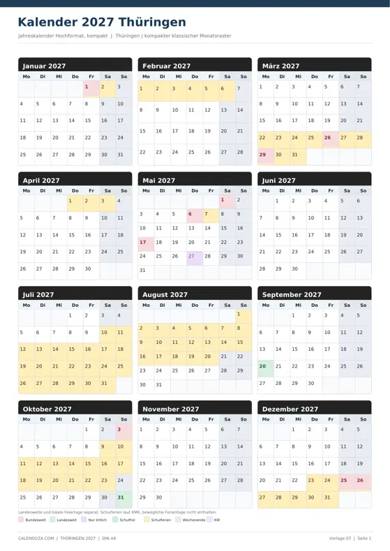 Kalender 2027 Thüringen: Jahreskalender Hochformat kompakt