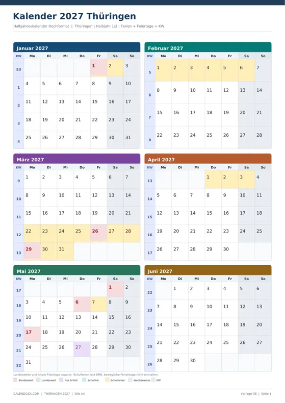 Kalender 2027 Thüringen: Halbjahreskalender Hochformat