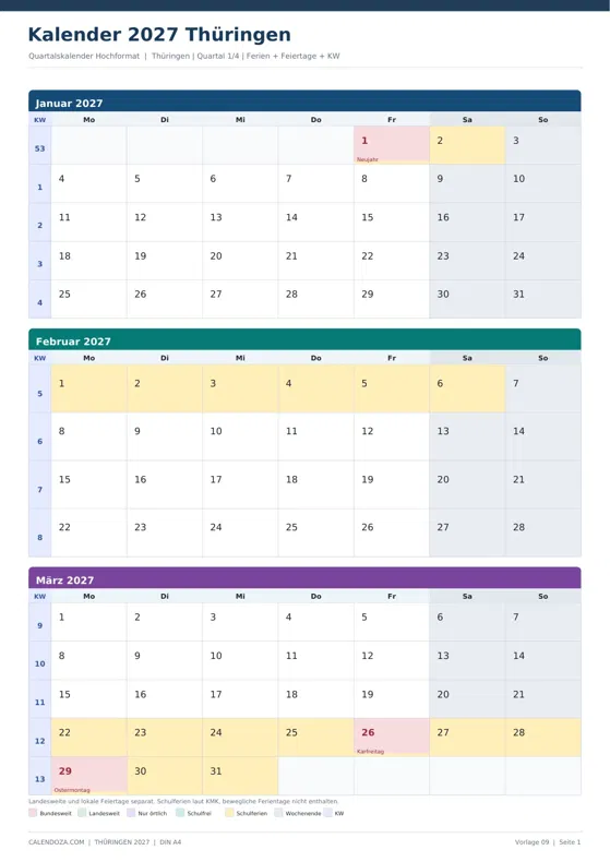 Kalender 2027 Thüringen: Quartalskalender Hochformat