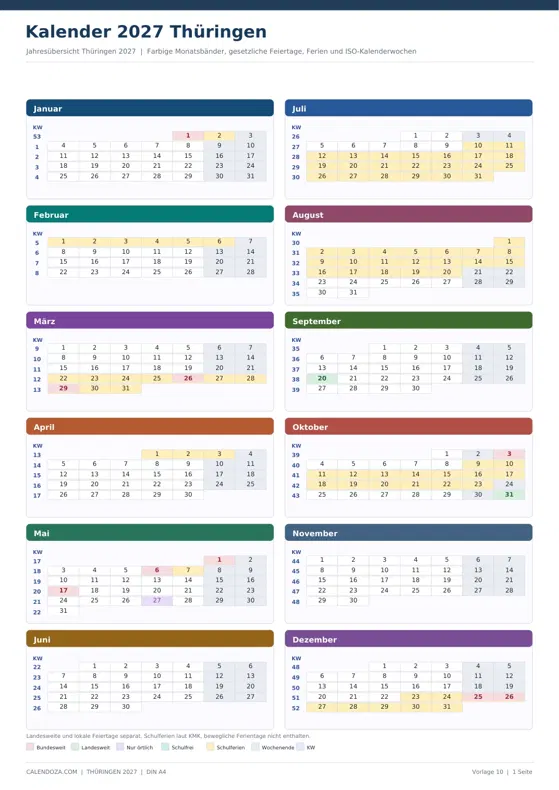 Kalender 2027 Thüringen: Farbige Jahresübersicht Hochformat