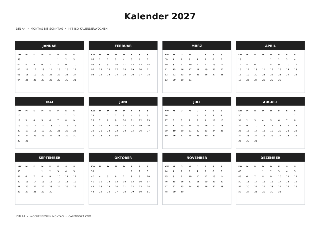 Kalender 2027 mit Kalenderwochen 1 Kalender 2027 mit Kalenderwochen