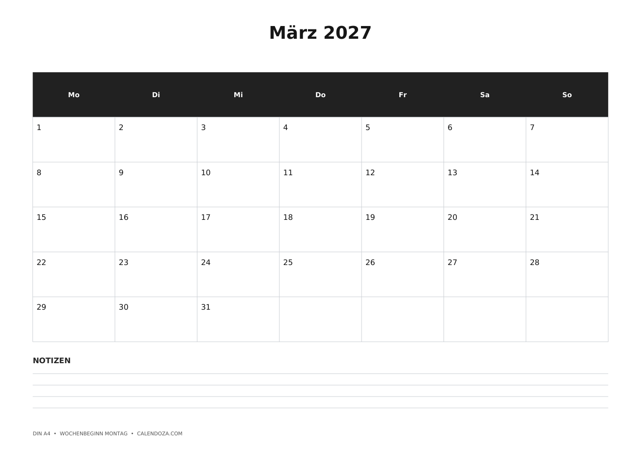 Kalender März 2027 3 Kalender März 2027 Mit Notizen als PNG