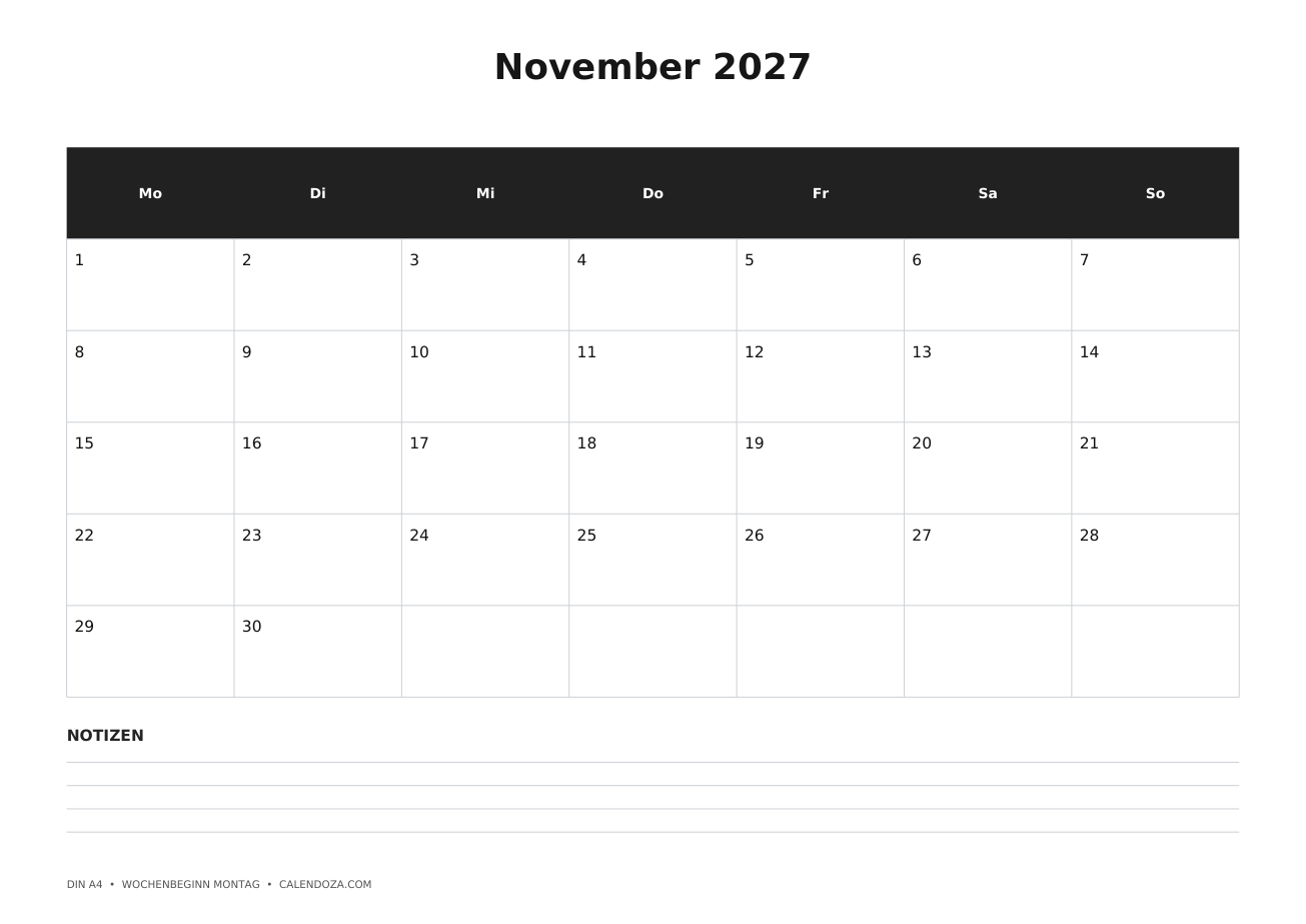 Kalender November 2027 3 Kalender November 2027 Mit Notizen als PNG