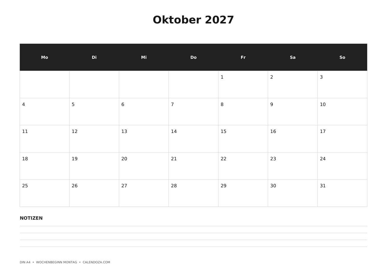 Kalender Oktober 2027 3 Kalender Oktober 2027 Mit Notizen als PNG
