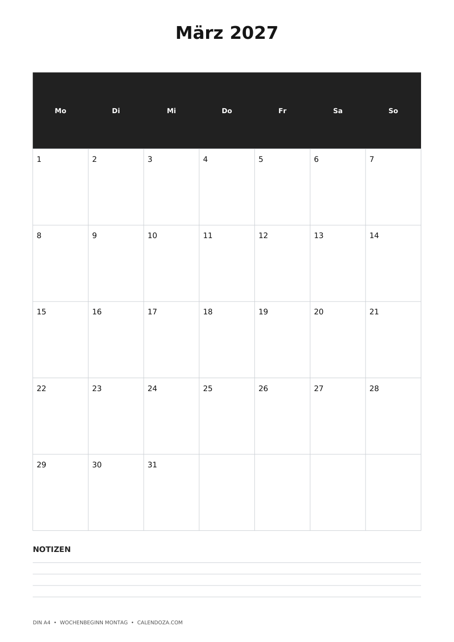 Kalender März 2027 4 Kalender März 2027 Hochformat mit Notizen als PNG