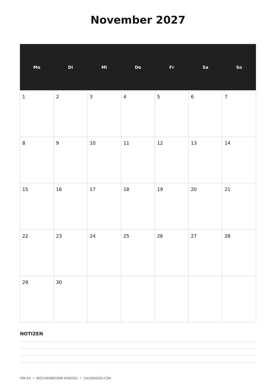 Kalender November 2027 4 Kalender November 2027 Hochformat mit Notizen als PNG