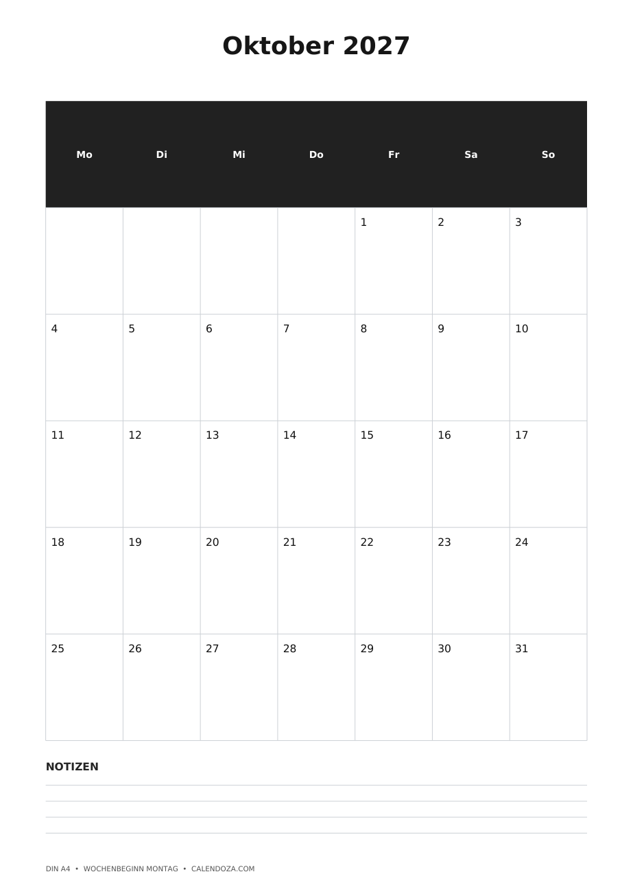 Kalender Oktober 2027 4 Kalender Oktober 2027 Hochformat mit Notizen als PNG
