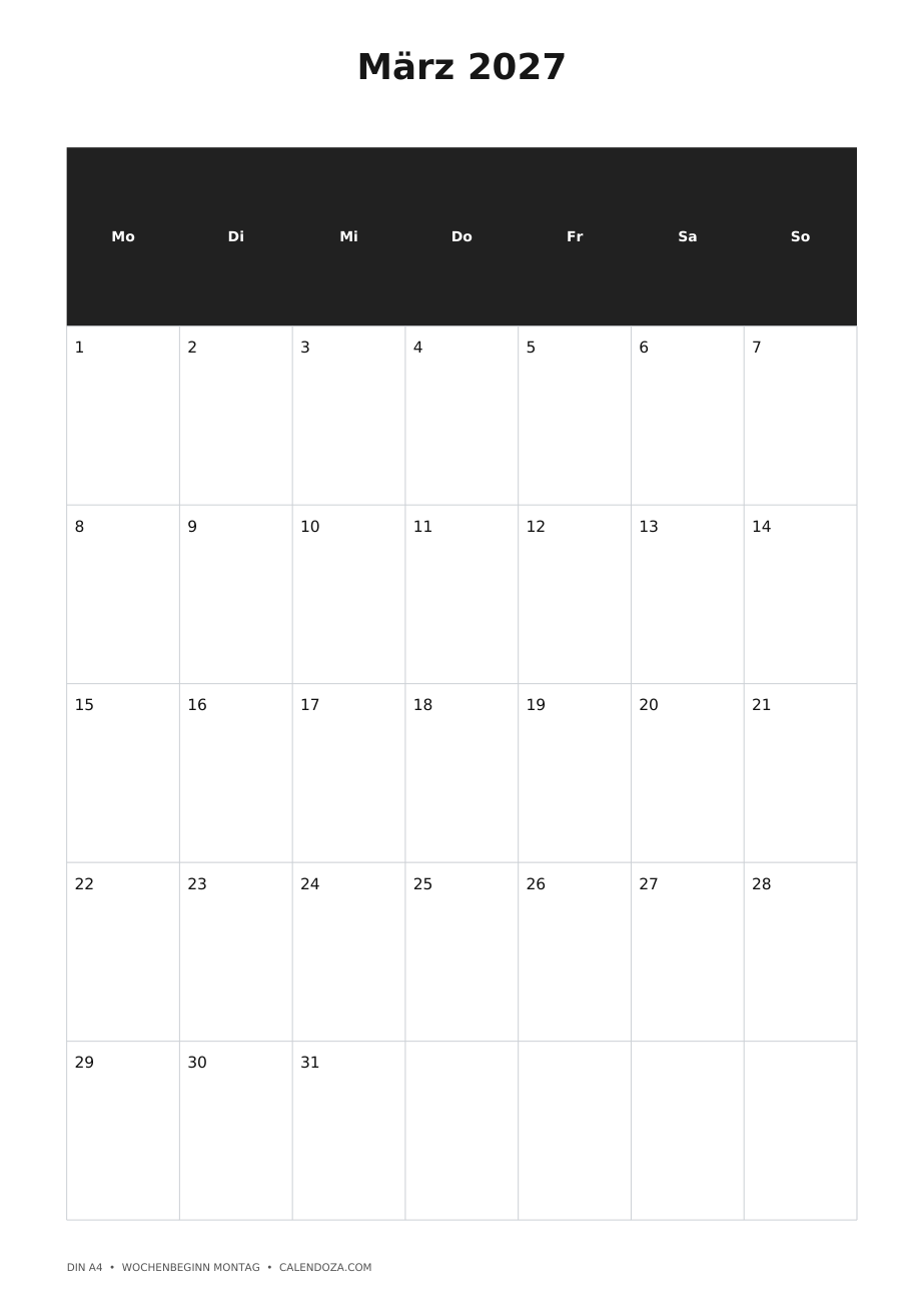 Kalender März 2027 2 Kalender März 2027 Hochformat als PNG