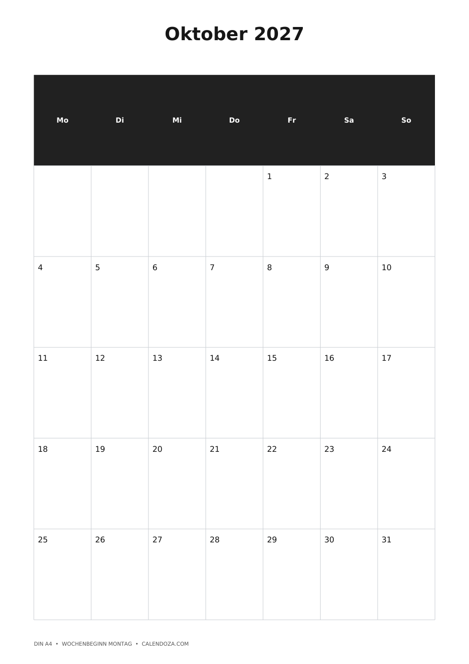 Kalender Oktober 2027 2 Kalender Oktober 2027 Hochformat als PNG