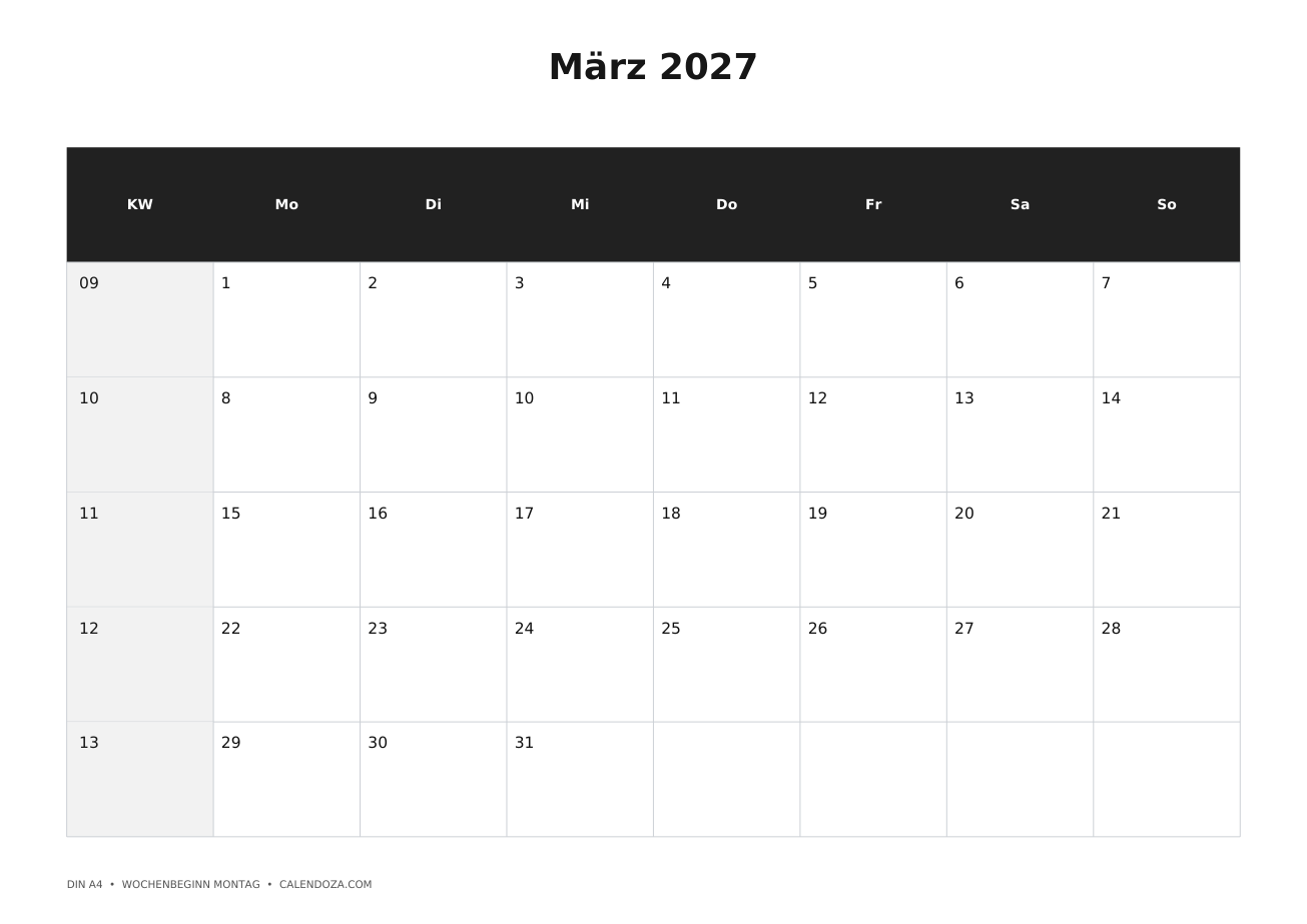 Kalender März 2027 6 Kalender März 2027 Mit Kalenderwochen als PNG