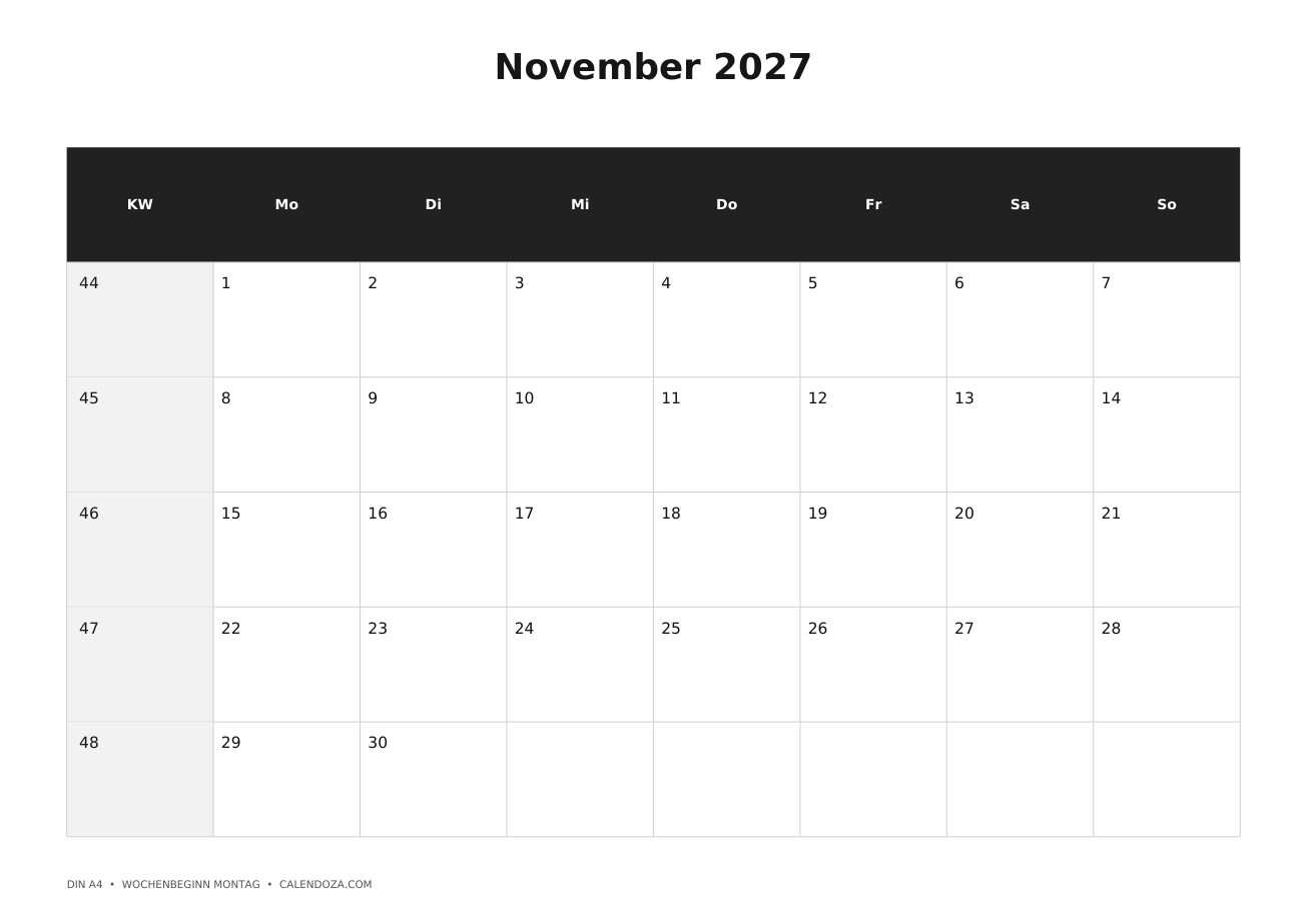 Kalender November 2027 6 Kalender November 2027 Mit Kalenderwochen als PNG