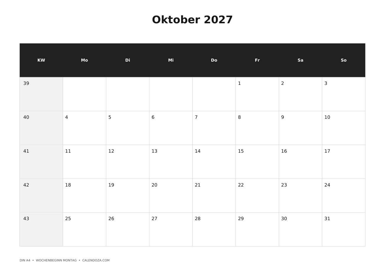 Kalender Oktober 2027 6 Kalender Oktober 2027 Mit Kalenderwochen als PNG