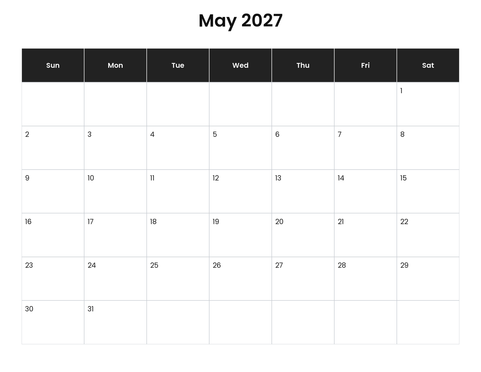 May 2027 Calendar (Free Printable) 1 May 2027 calendar printable