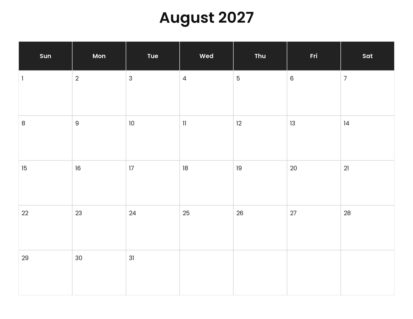 August 2027 Calendar (Free Printable) 1 August 2027 calendar printable