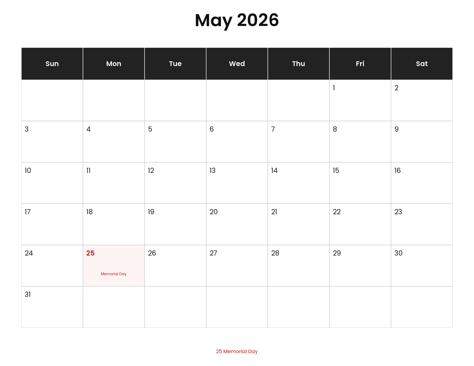 May 2026 Calendar With Holidays (Printable) 1 May 2026 calendar with holidays