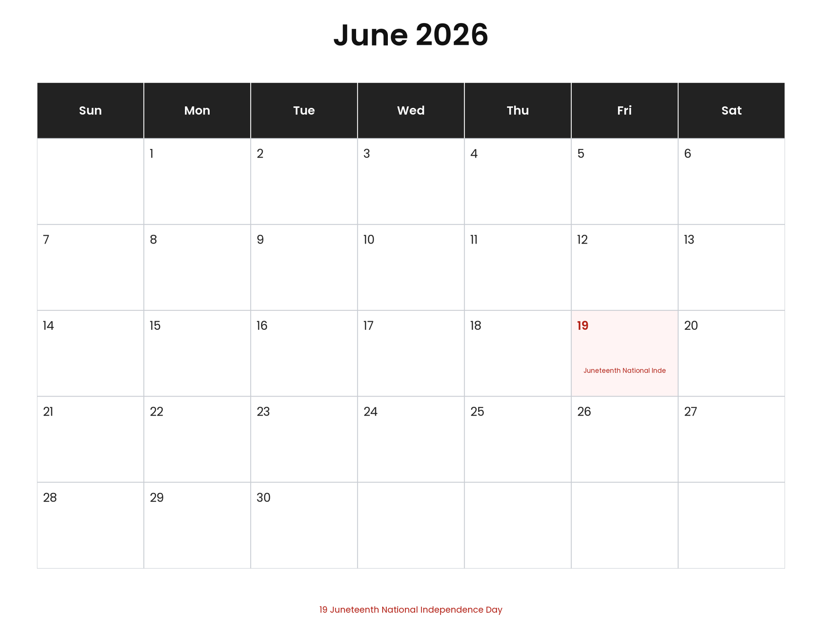 June 2026 Calendar With Holidays (Printable) 1 June 2026 calendar with holidays