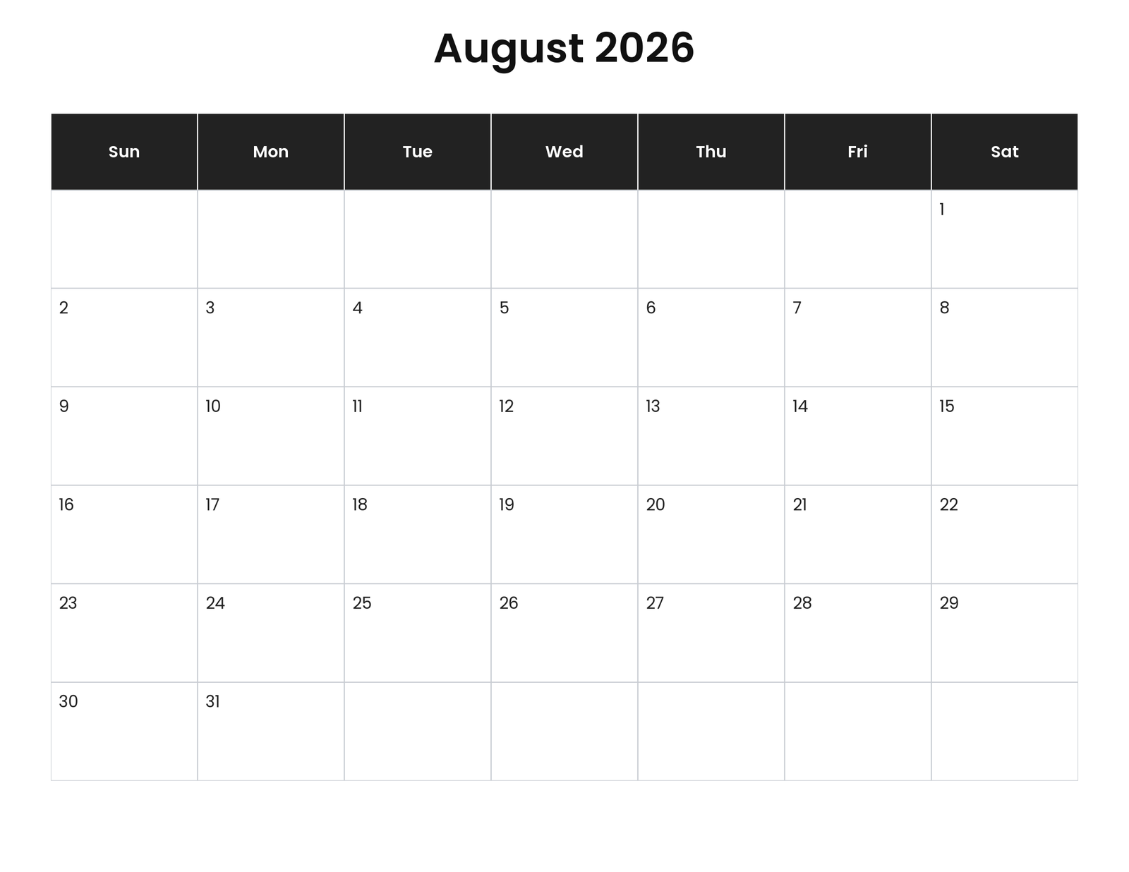 August 2026 Calendar With Holidays (Printable) 1 August 2026 calendar with holidays