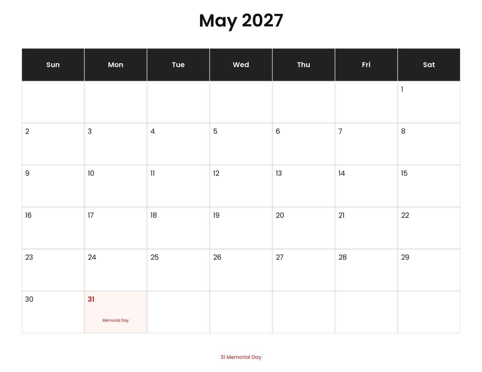 May 2027 Calendar With Holidays (Printable) 1 May 2027 calendar with holidays