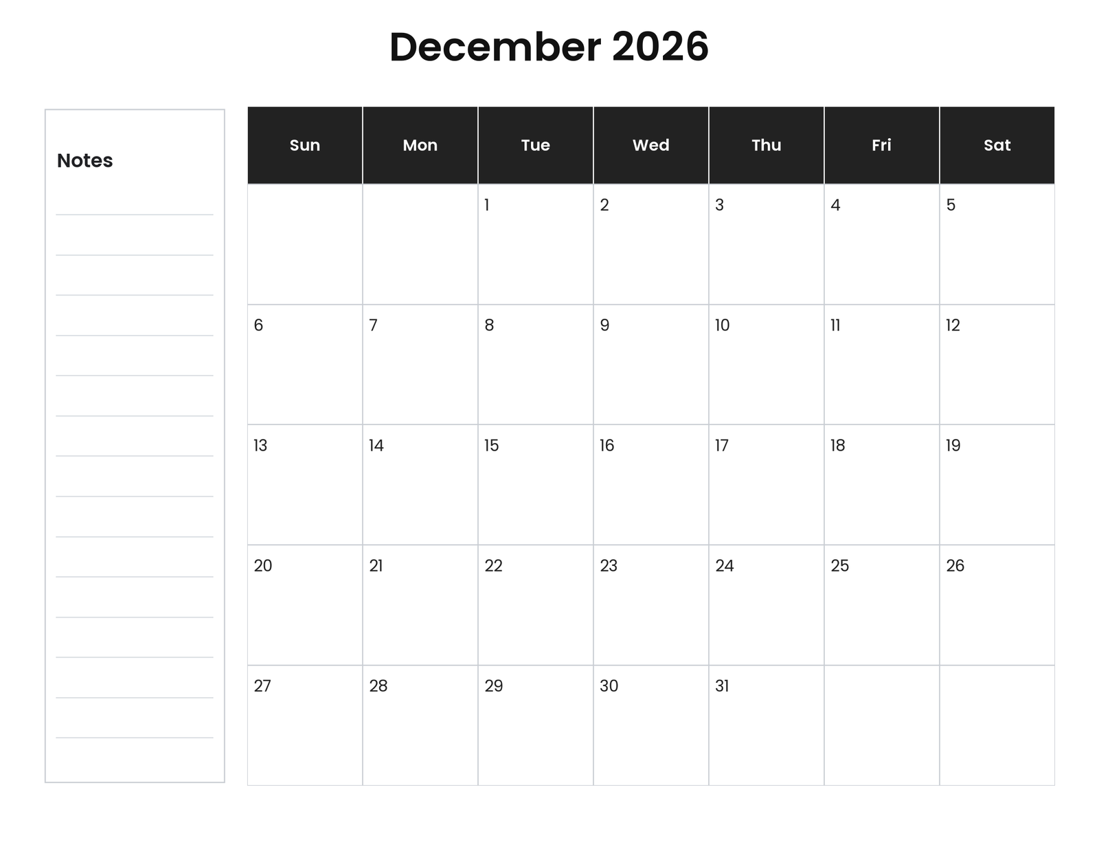 December 2026 landscape calendar with notes