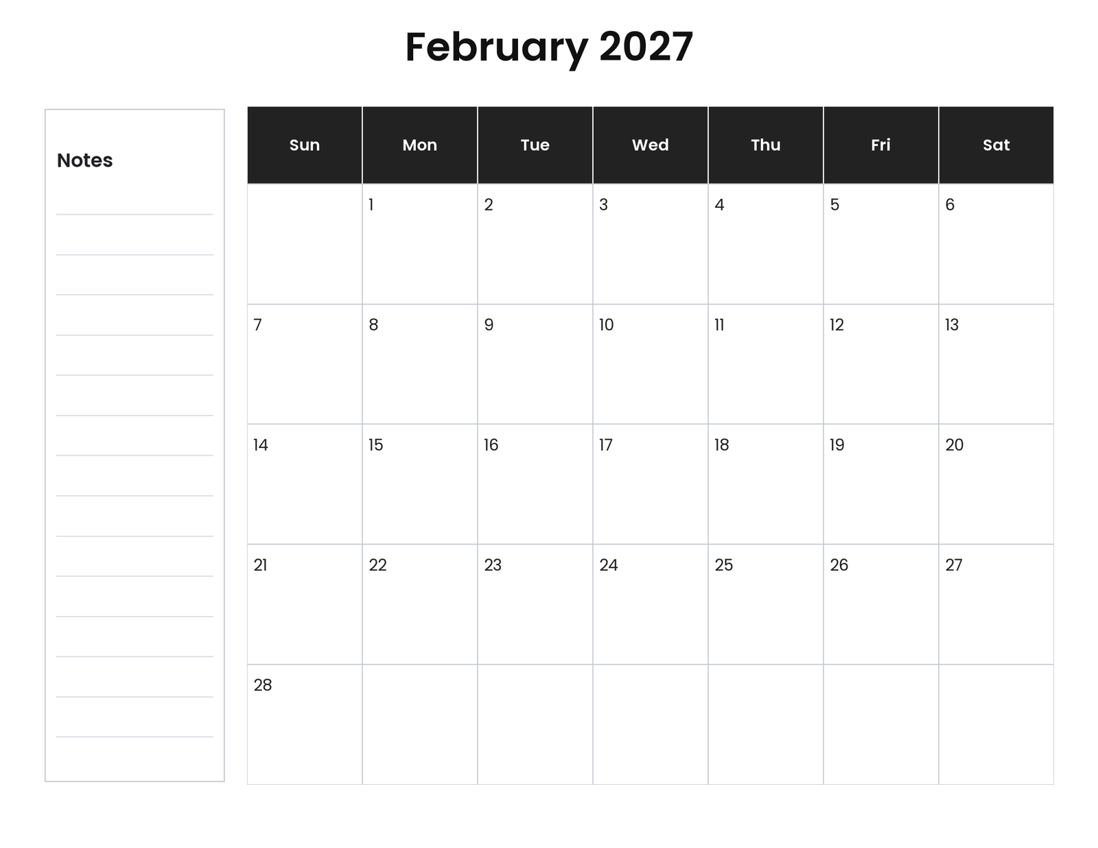 February 2027 landscape calendar with notes
