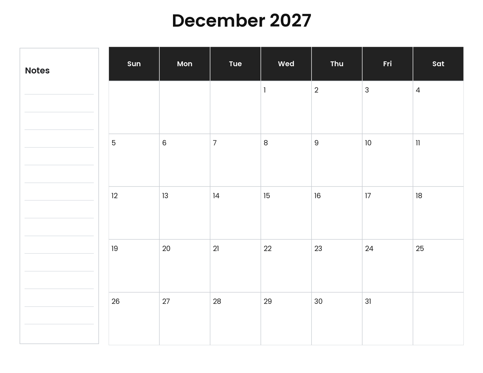 December 2027 landscape calendar with notes