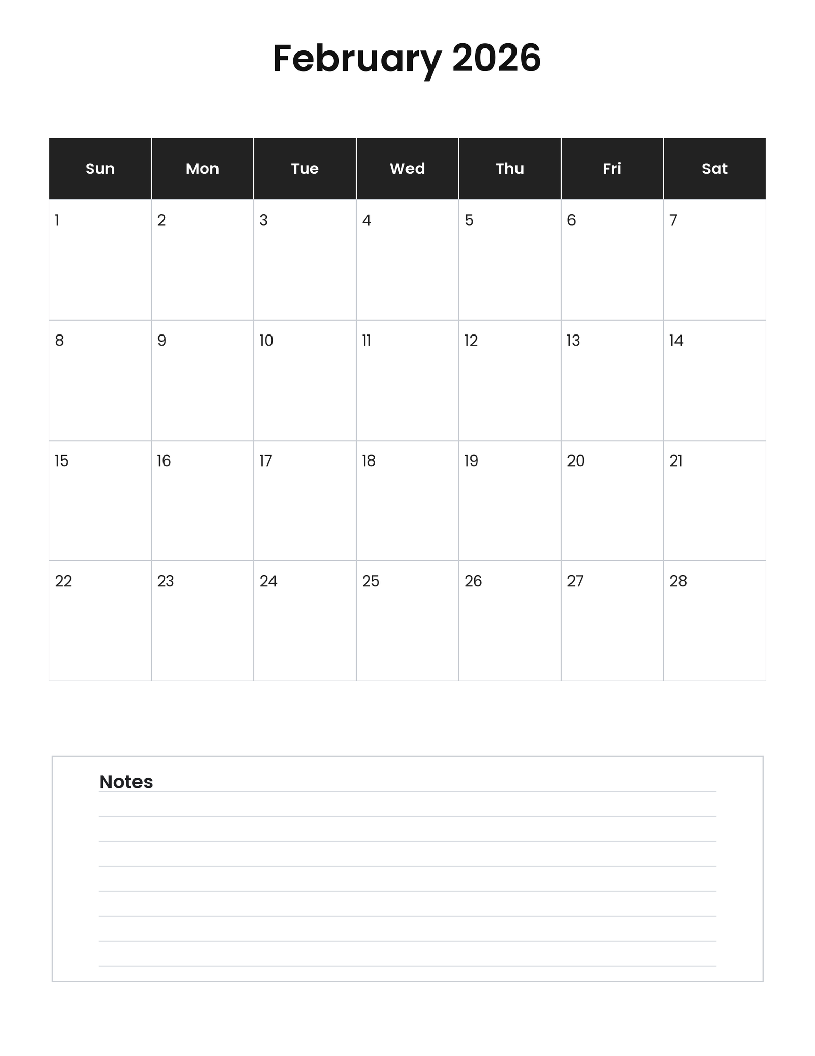 February 2026 vertical calendar with notes