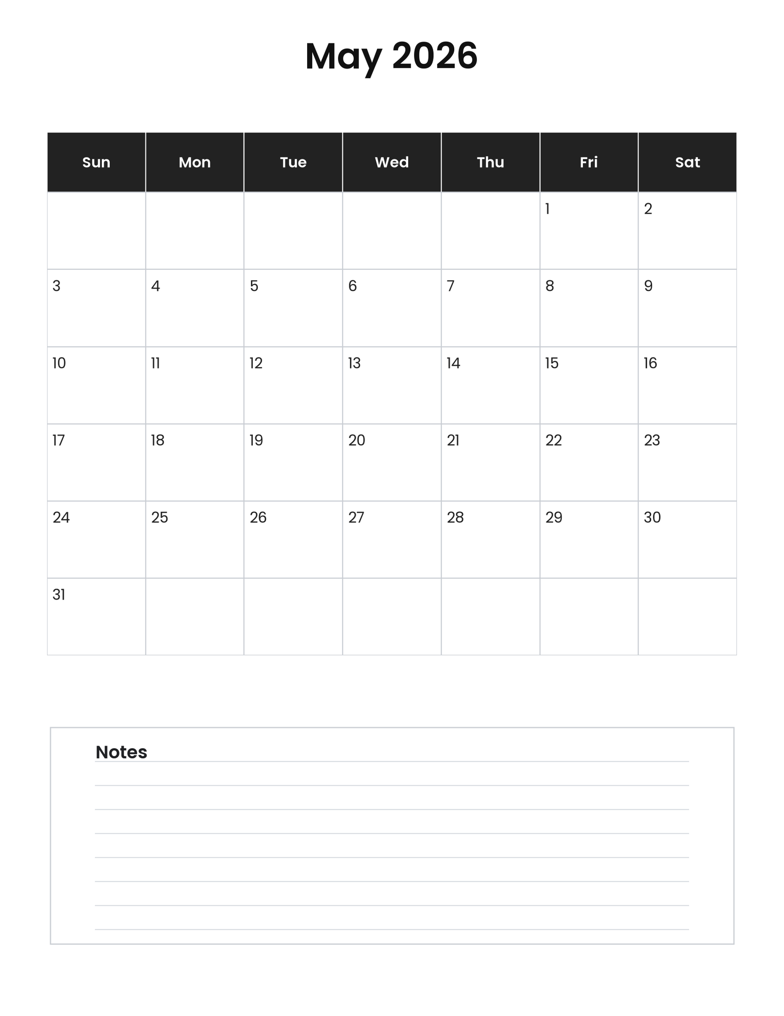 May 2026 Calendar (Free Printable) 5 May 2026 vertical calendar with notes