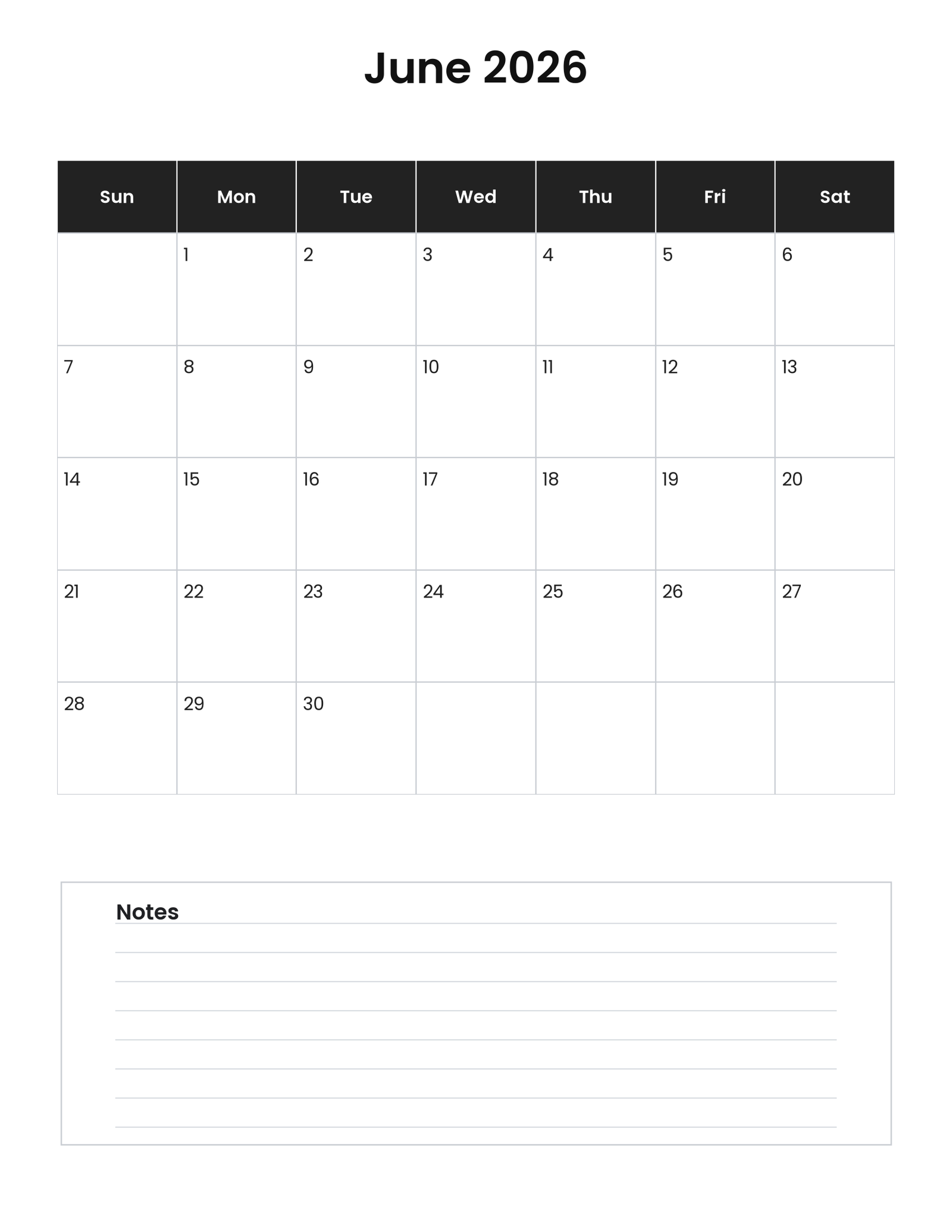 June 2026 vertical calendar with notes