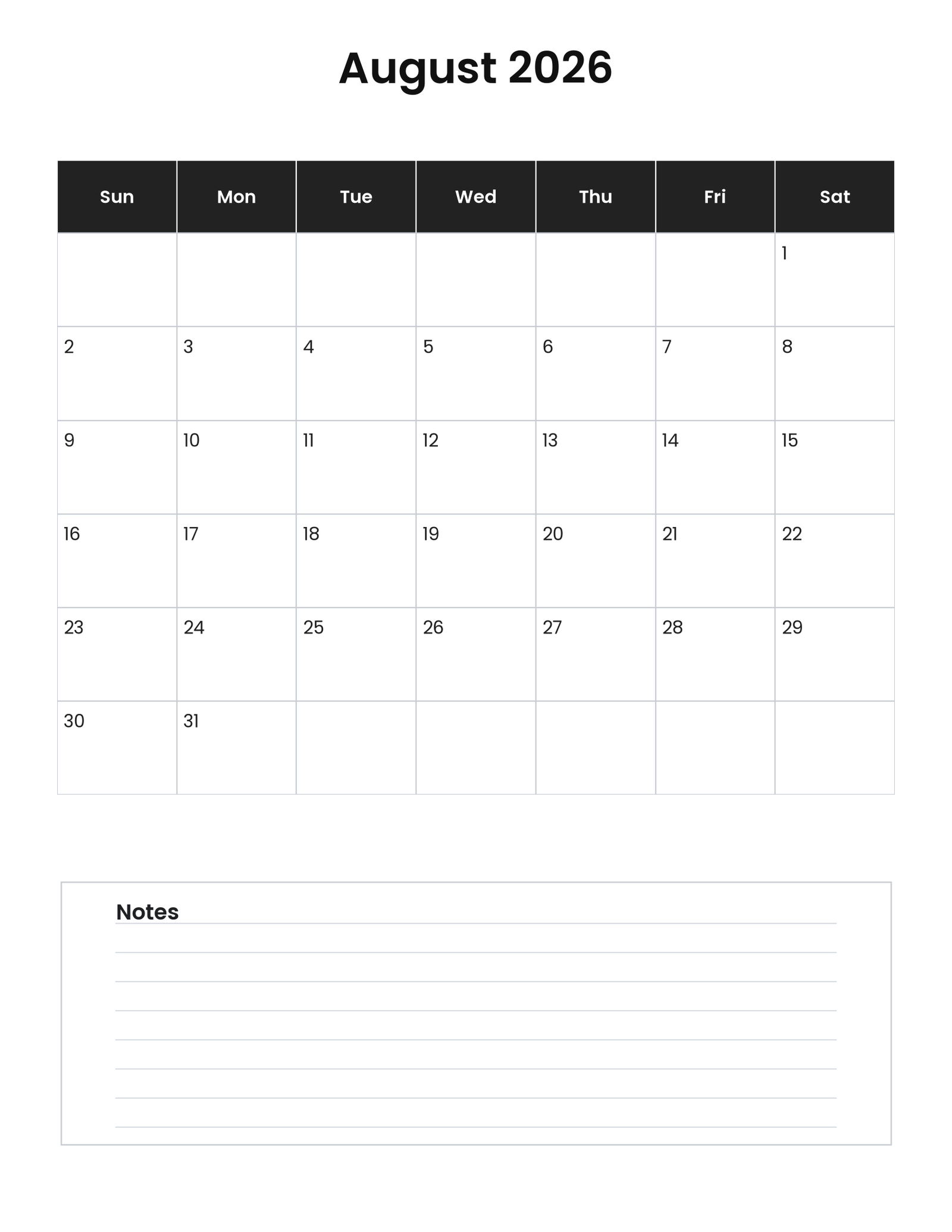 August 2026 Calendar (Free Printable) 5 August 2026 vertical calendar with notes