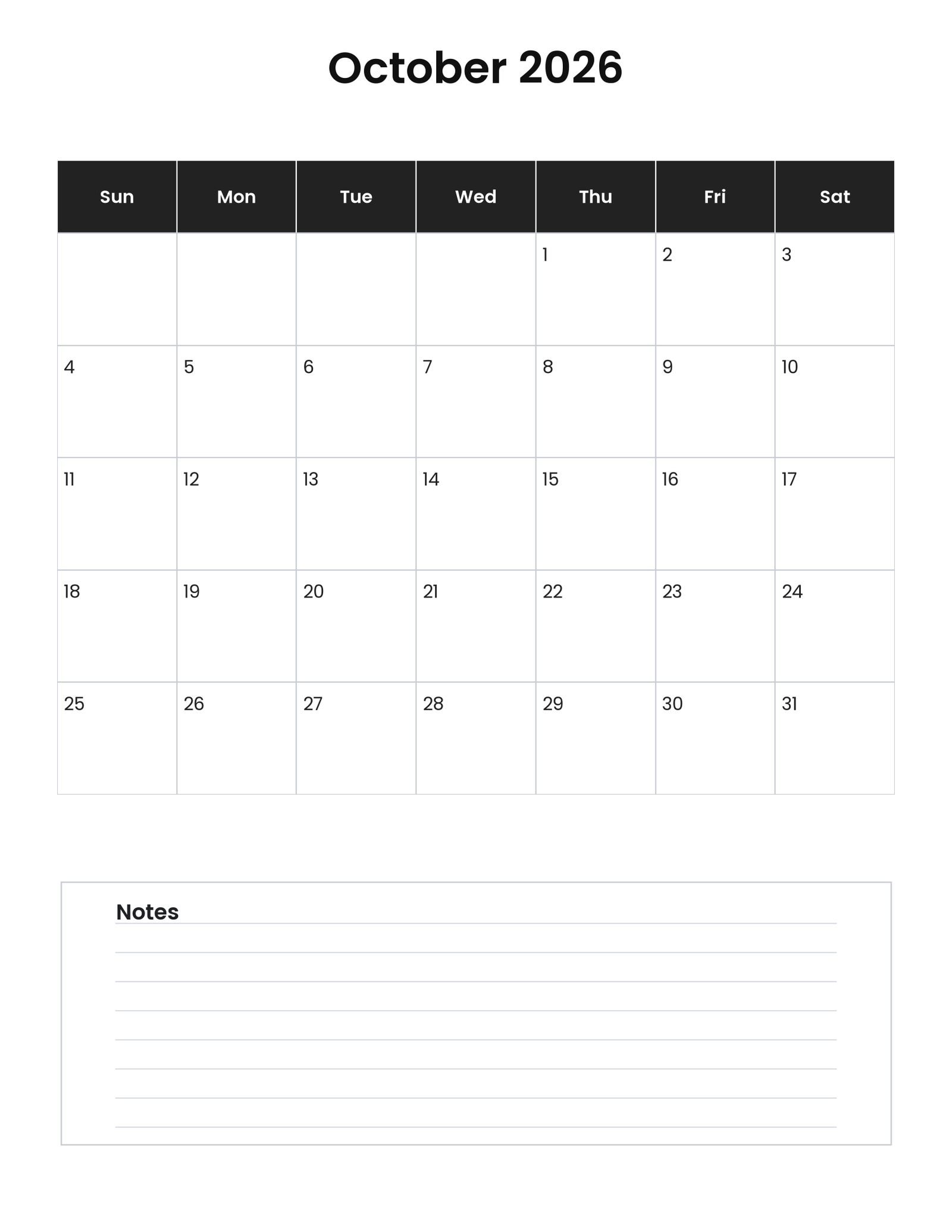 October 2026 vertical calendar with notes