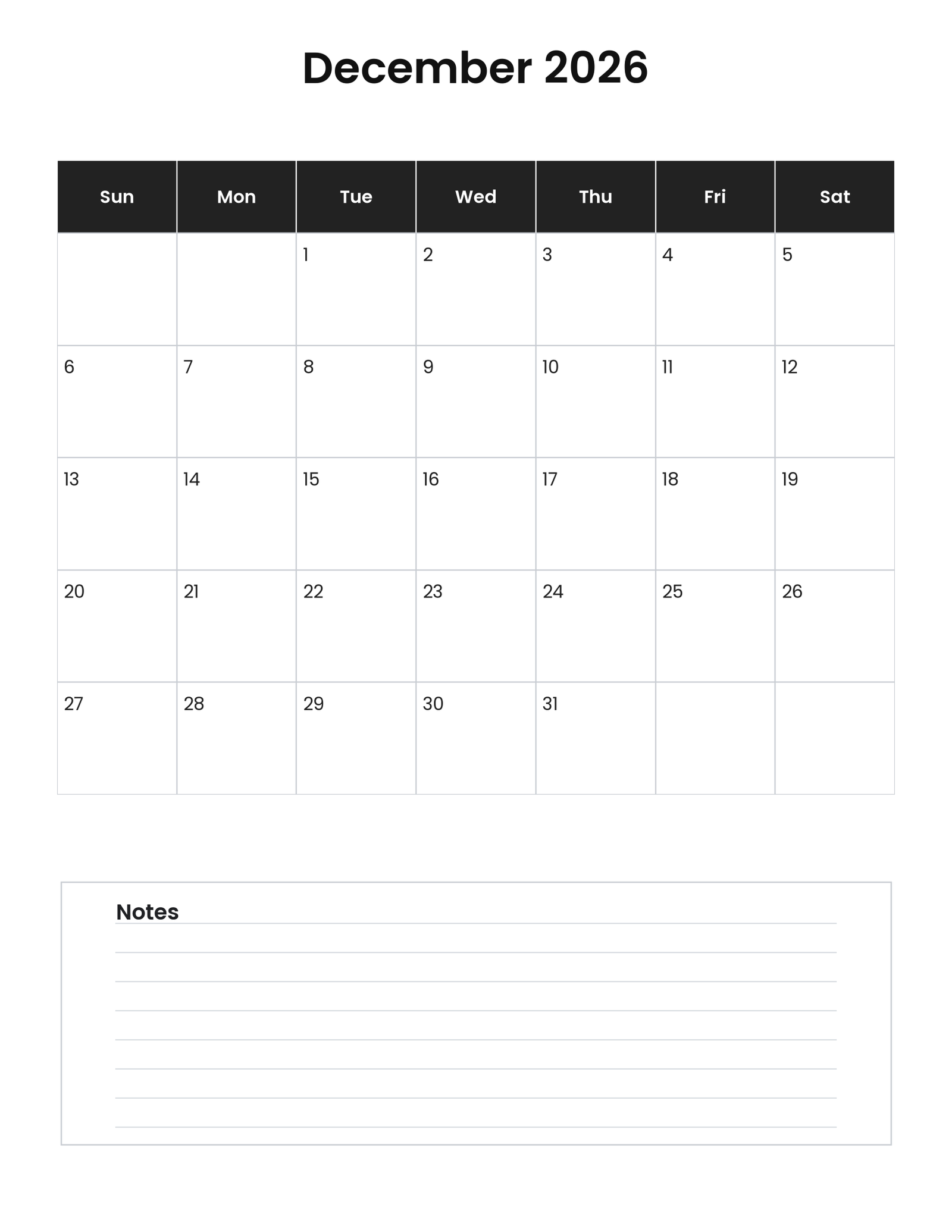 December 2026 vertical calendar with notes