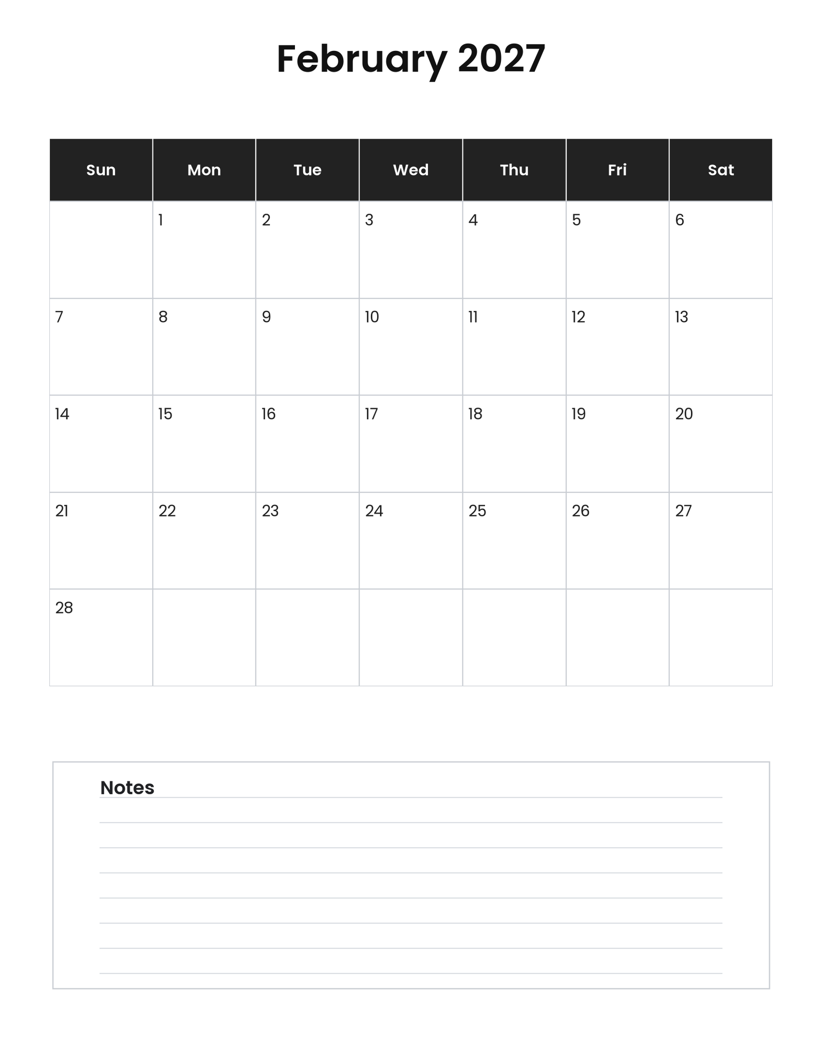 February 2027 vertical calendar with notes
